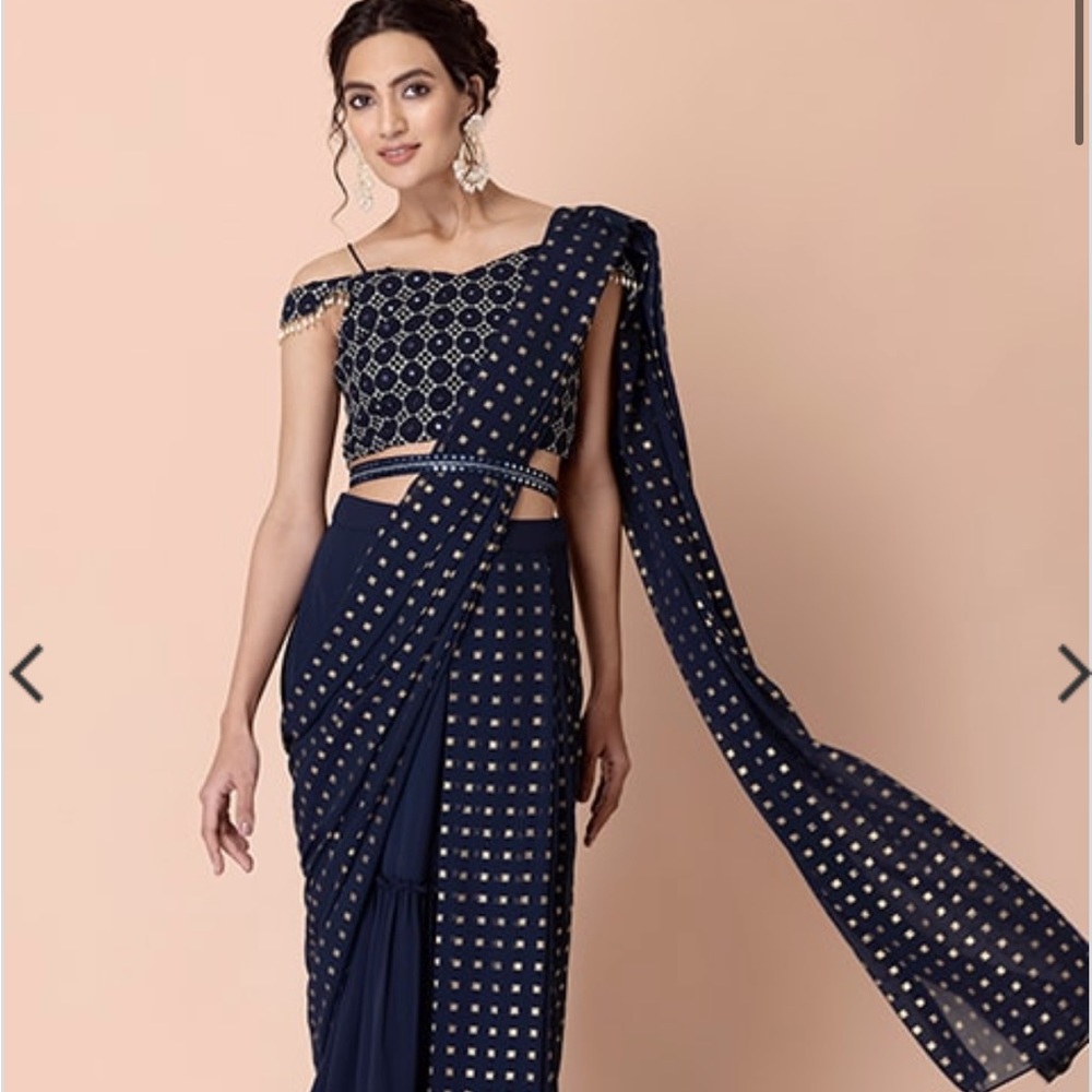 XL Navy Foil Pleated Belted Pre-Stitched Saree, blouse/top not included